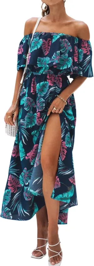 CUPSHE Women Ruffle Floral Maxi Summer Dress Off Shoulder Short Sleeve Backless Flounce Bodice Slit Hem Beach Dresses