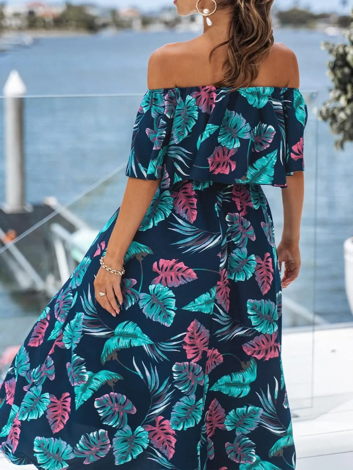 CUPSHE Women Ruffle Floral Maxi Summer Dress Off Shoulder Short Sleeve Backless Flounce Bodice Slit Hem Beach Dresses