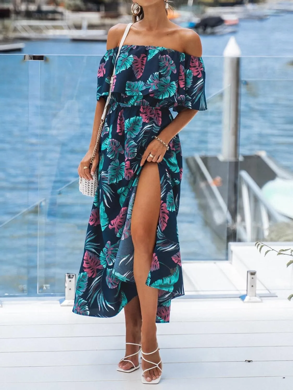 CUPSHE Women Ruffle Floral Maxi Summer Dress Off Shoulder Short Sleeve Backless Flounce Bodice Slit Hem Beach Dresses