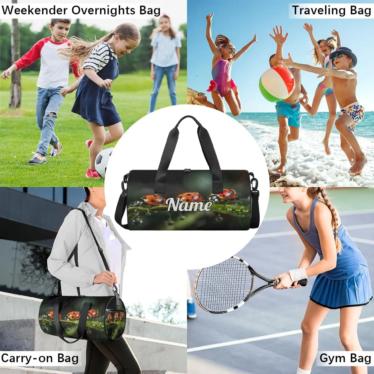 Custom Dance Duffel Bag Sport Backpacks Gyms and Weekend Overnight Travel Duffle Bag Birthday Christmas Halloween Waterproof, Ladybugs