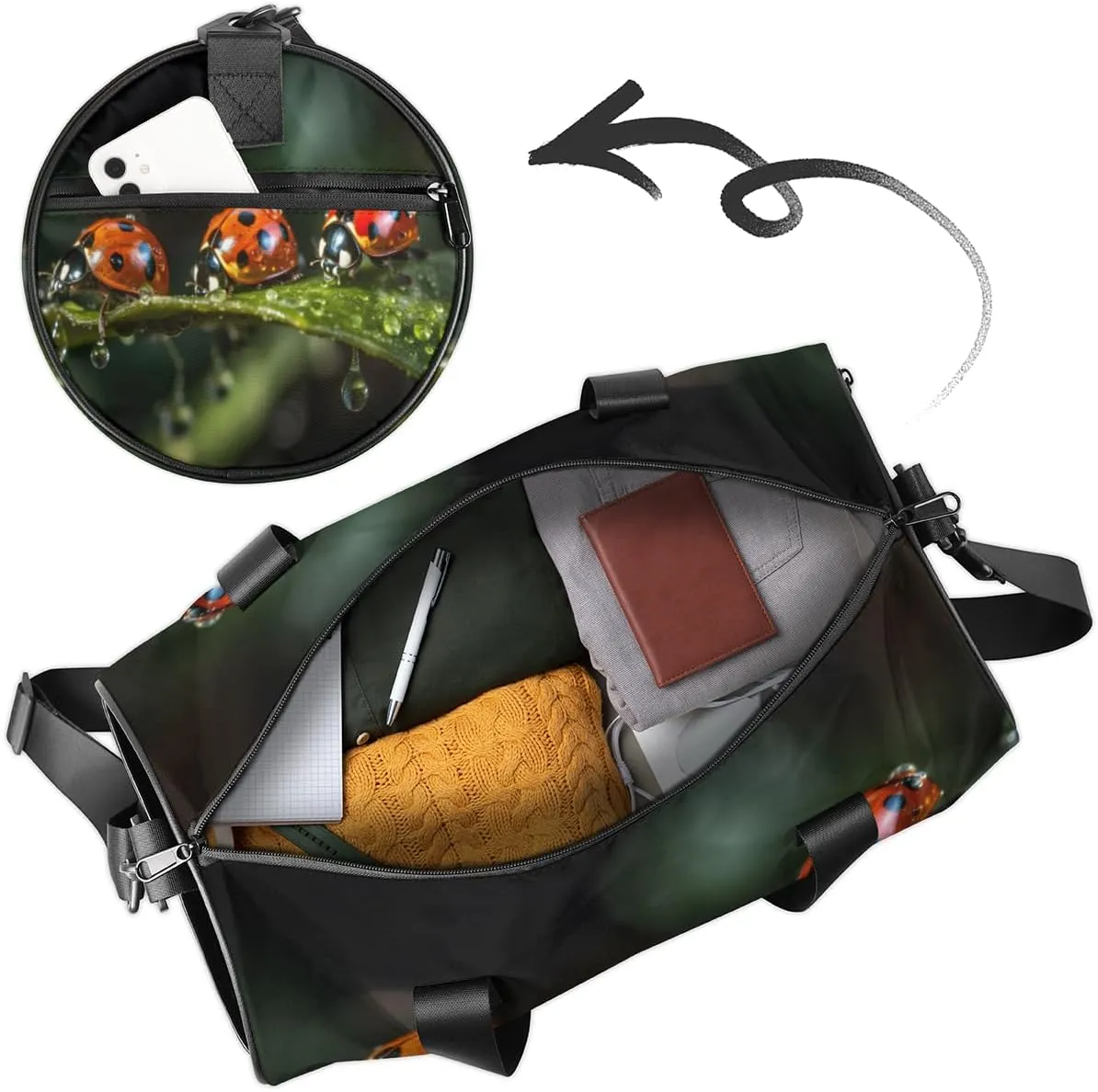 Custom Dance Duffel Bag Sport Backpacks Gyms and Weekend Overnight Travel Duffle Bag Birthday Christmas Halloween Waterproof, Ladybugs