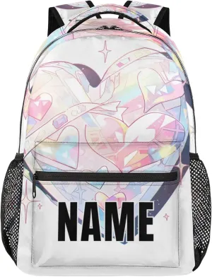 Custom Heart Cute Backpack with Name Personalized Waterproof Casual Daypack Fashion Rhinestone Customize Laptop Backpacks for Women Men