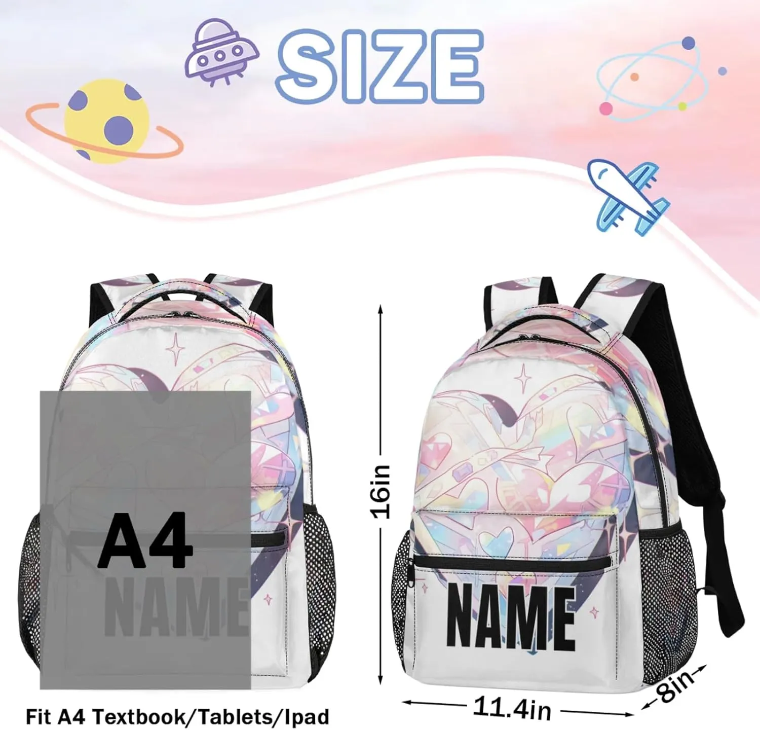 Custom Heart Cute Backpack with Name Personalized Waterproof Casual Daypack Fashion Rhinestone Customize Laptop Backpacks for Women Men