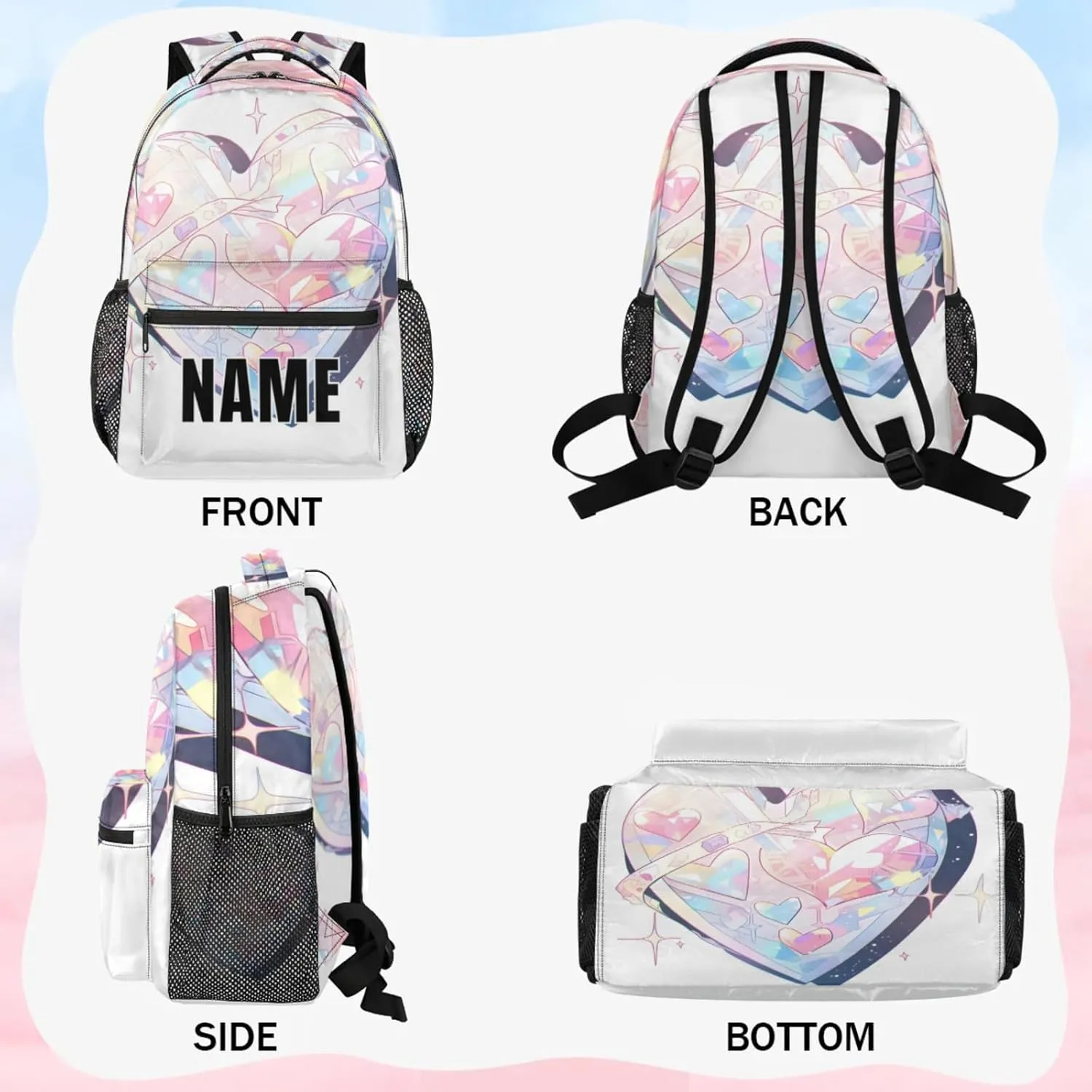 Custom Heart Cute Backpack with Name Personalized Waterproof Casual Daypack Fashion Rhinestone Customize Laptop Backpacks for Women Men