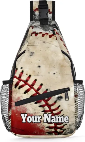 Custom Sling Bag With Name, Personalized Crossbody Shoulder Backpack for Men Women, Baseball Texture Multipurpose Chest Pack,Leisure Sports Outdoor, Vintage Baseball