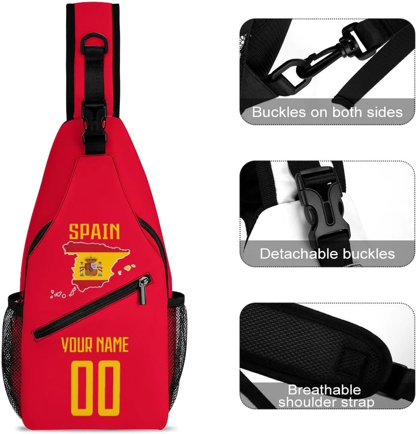 Custom Spain Sling Bag,Soccer Chest Bag,Personalized Any Name Number Crossbody Backpack,Cycling Travel Daypack For Men Women