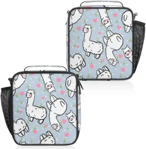 Cute Alpaca With Hearts And Flowers Insulated Lunch Box, Reusable Cooler Tote Lunch Bags for Men Women, Portable Leakproof Square Meal Bag for Work Travel Picnic Hiking Daytrip