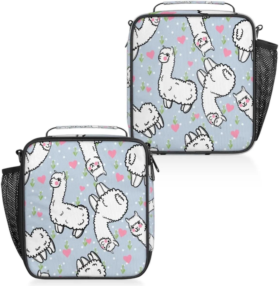 Cute Alpaca With Hearts And Flowers Insulated Lunch Box, Reusable Cooler Tote Lunch Bags for Men Women, Portable Leakproof Square Meal Bag for Work Travel Picnic Hiking Daytrip