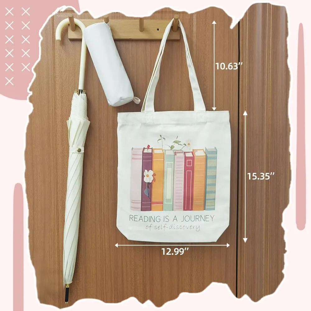 Cute Canvas Tote Bag For Book Lovers, Women Book Tote Bag With Pockets，Book Themed Gifts for Bookworm,Readers