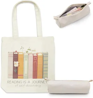 Cute Canvas Tote Bag For Book Lovers, Women Book Tote Bag With Pockets，Book Themed Gifts for Bookworm,Readers