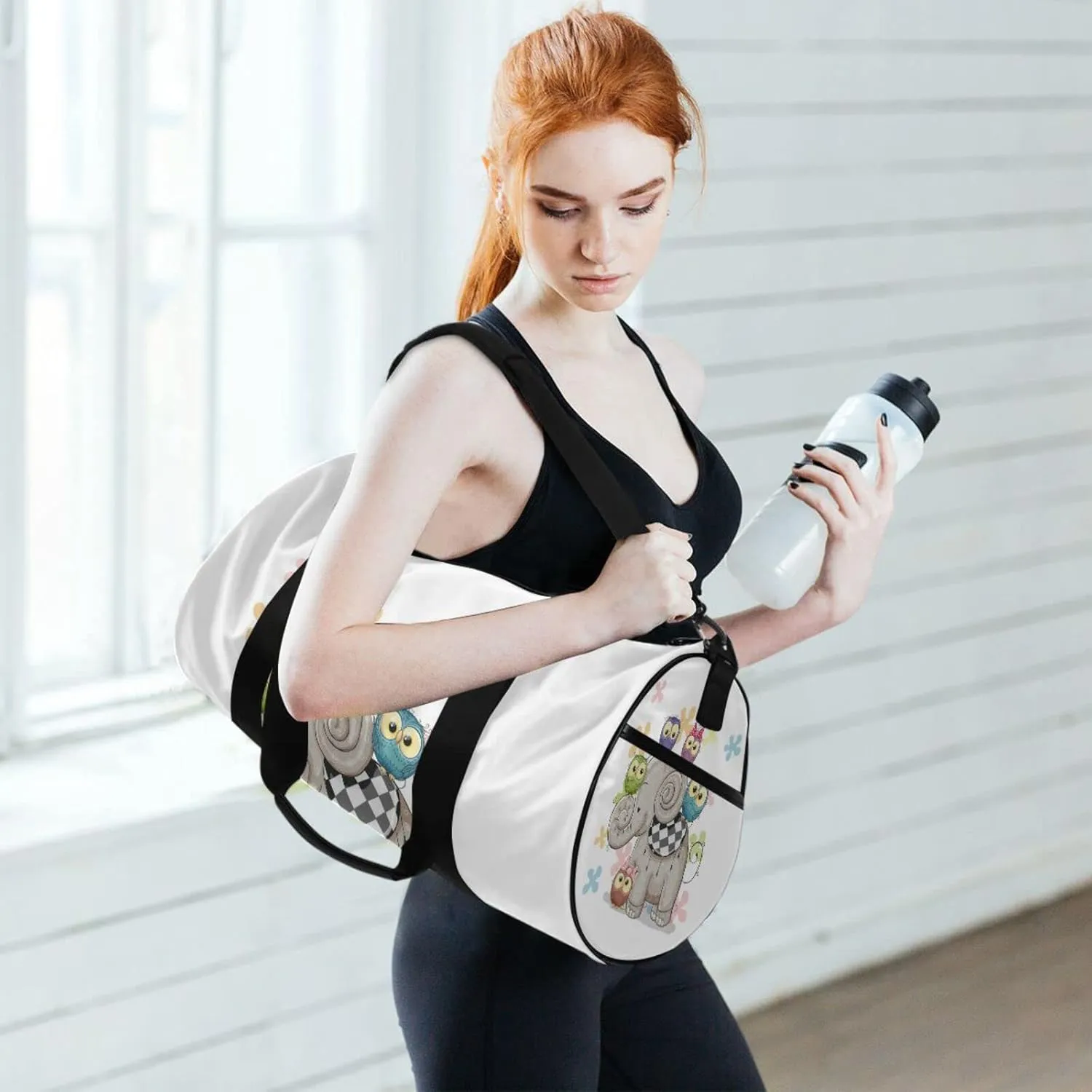 Cute Cartoon Elephant and Five Owls on a Flowers Background Duffel Bag, Foldable Canvas Travel Tote for Gym Sports with Inner Pockets, Durable Lightweight Fitness Bag for Overnight Workout