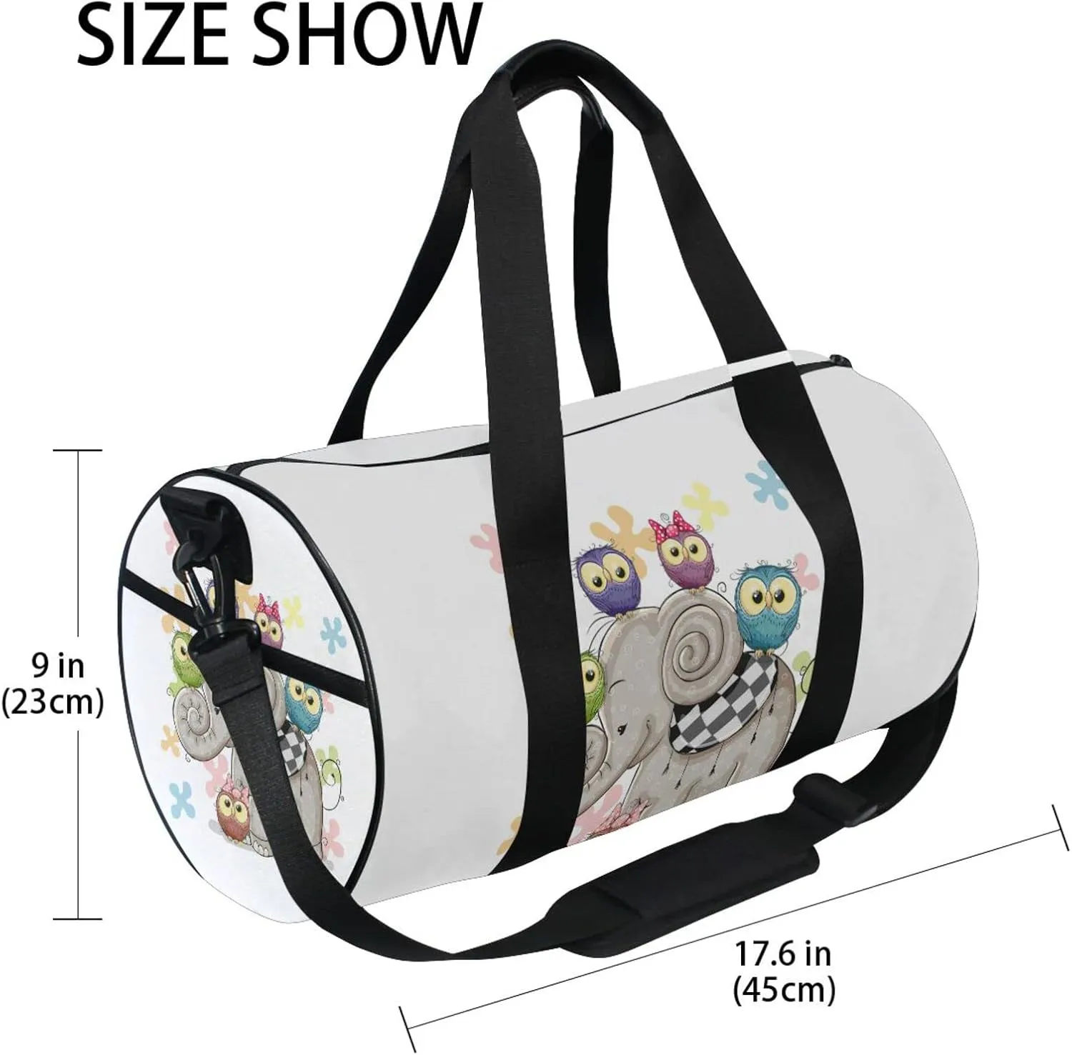 Cute Cartoon Elephant and Five Owls on a Flowers Background Duffel Bag, Foldable Canvas Travel Tote for Gym Sports with Inner Pockets, Durable Lightweight Fitness Bag for Overnight Workout