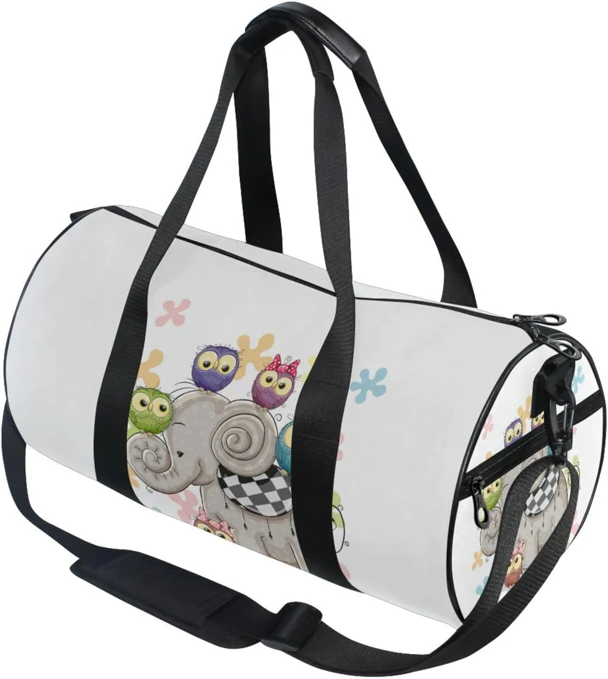 Cute Cartoon Elephant and Five Owls on a Flowers Background Duffel Bag, Foldable Canvas Travel Tote for Gym Sports with Inner Pockets, Durable Lightweight Fitness Bag for Overnight Workout