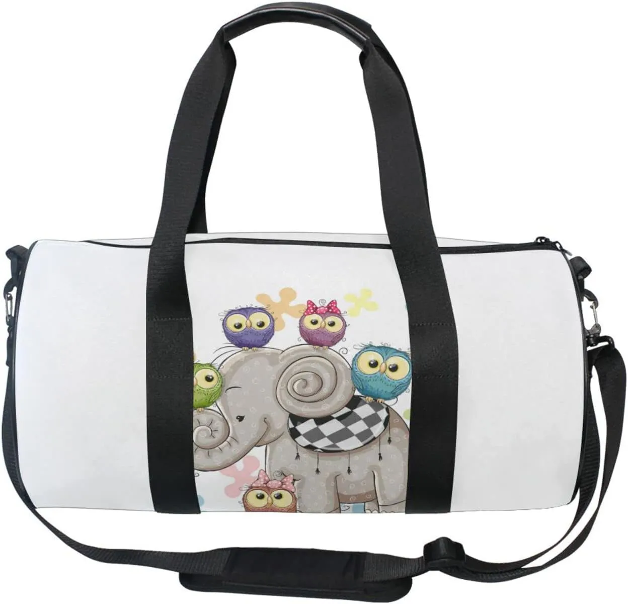 Cute Cartoon Elephant and Five Owls on a Flowers Background Duffel Bag, Foldable Canvas Travel Tote for Gym Sports with Inner Pockets, Durable Lightweight Fitness Bag for Overnight Workout