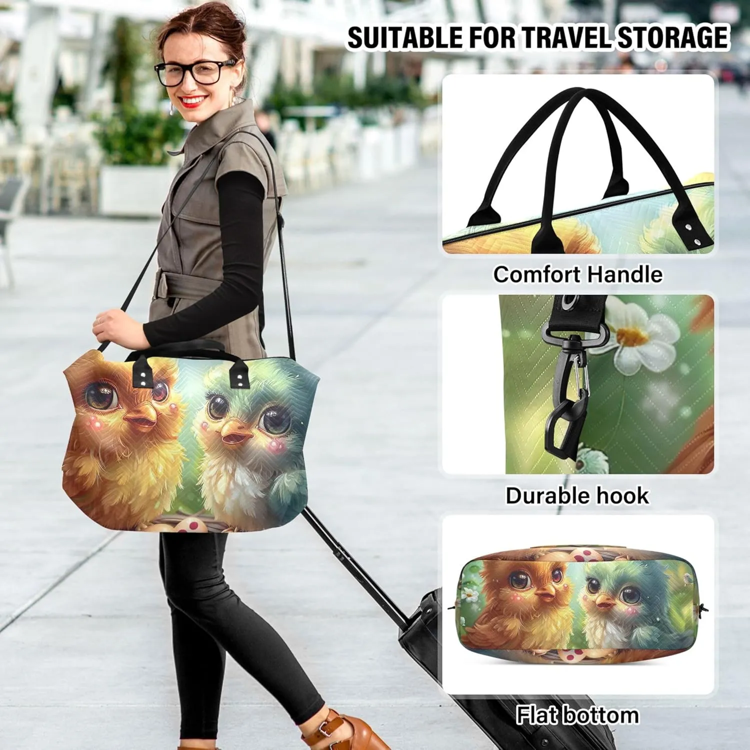 Cute Chickens Scene Duffel Bags Travel Cosmetic Bag Set of 2, Animal Luggage Bags Overnight Bags