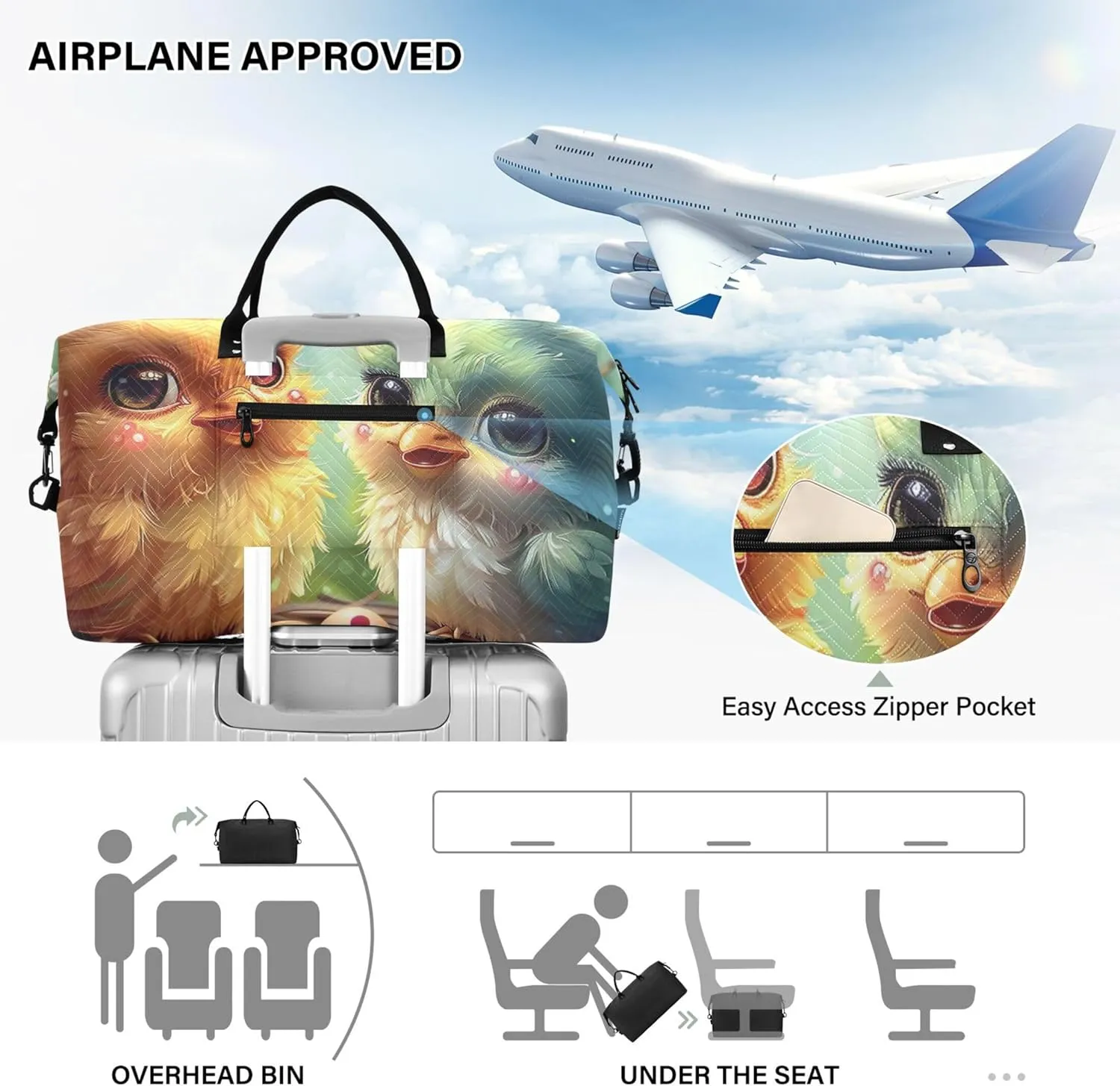Cute Chickens Scene Duffel Bags Travel Cosmetic Bag Set of 2, Animal Luggage Bags Overnight Bags