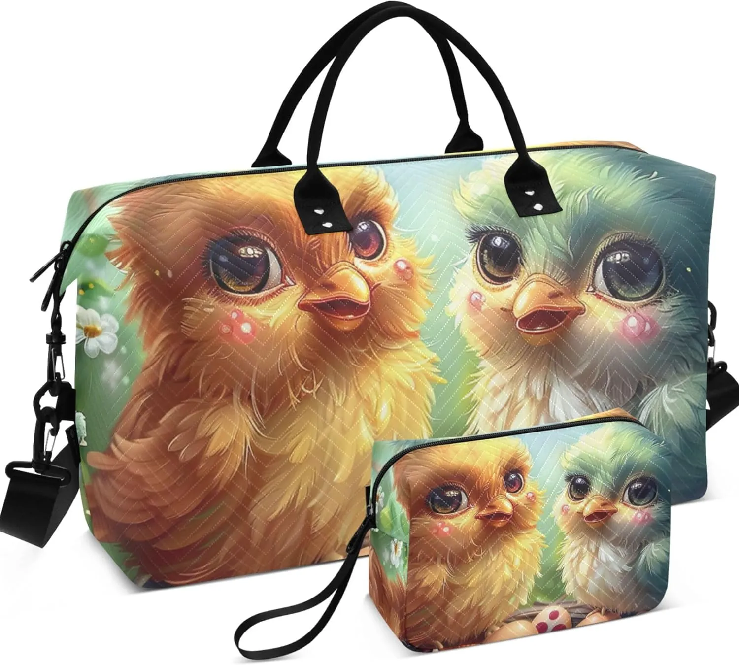 Cute Chickens Scene Duffel Bags Travel Cosmetic Bag Set of 2, Animal Luggage Bags Overnight Bags