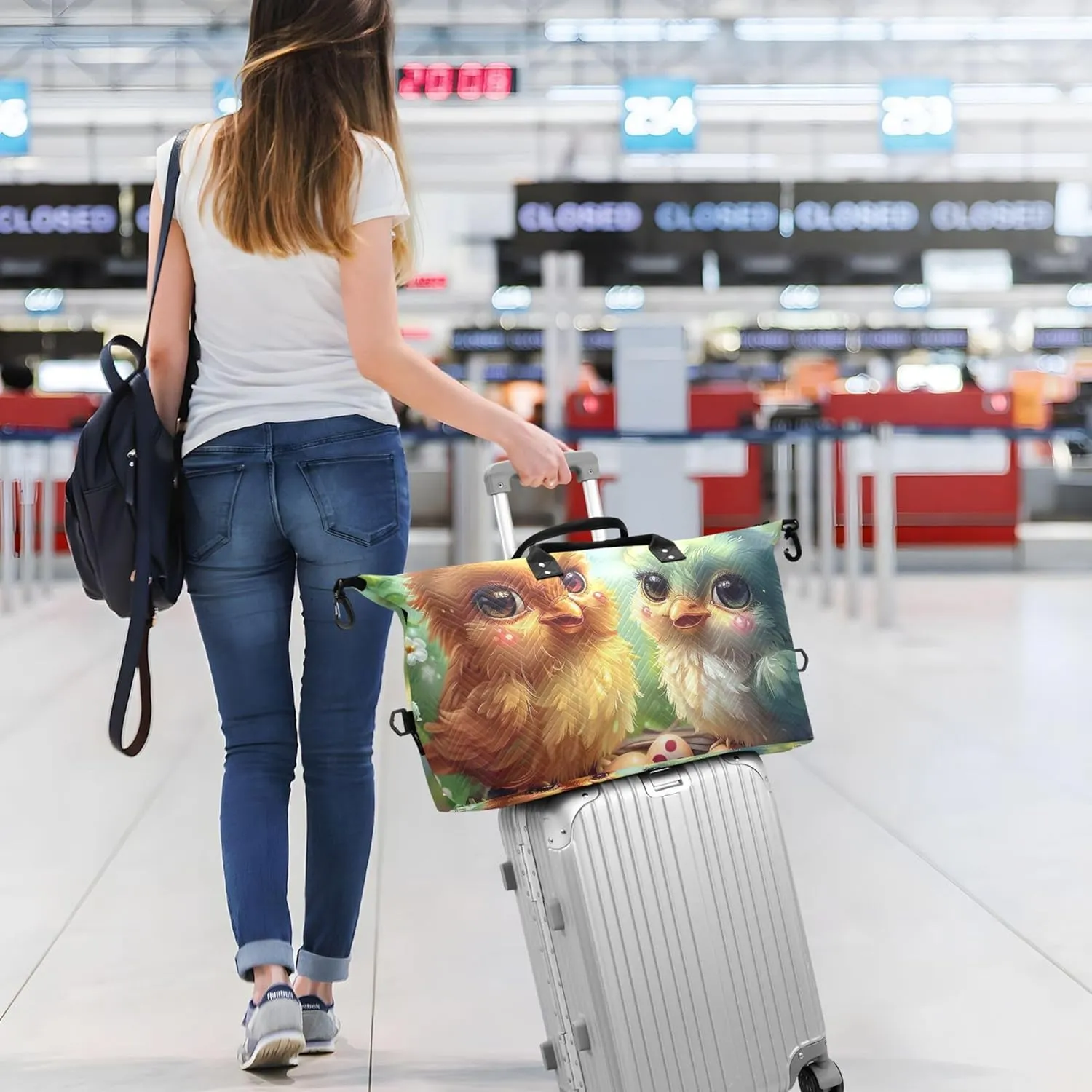 Cute Chickens Scene Duffel Bags Travel Cosmetic Bag Set of 2, Animal Luggage Bags Overnight Bags