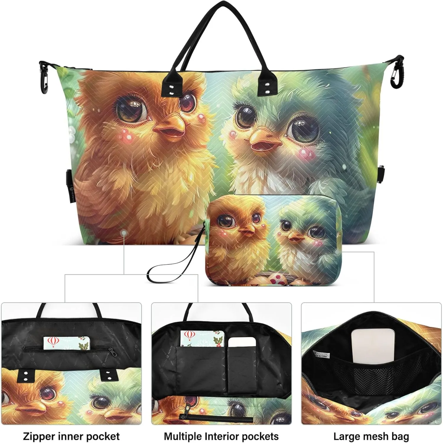Cute Chickens Scene Duffel Bags Travel Cosmetic Bag Set of 2, Animal Luggage Bags Overnight Bags