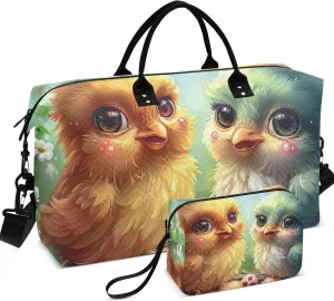 Cute Chickens Scene Duffel Bags Travel Cosmetic Bag Set of 2, Animal Luggage Bags Overnight Bags