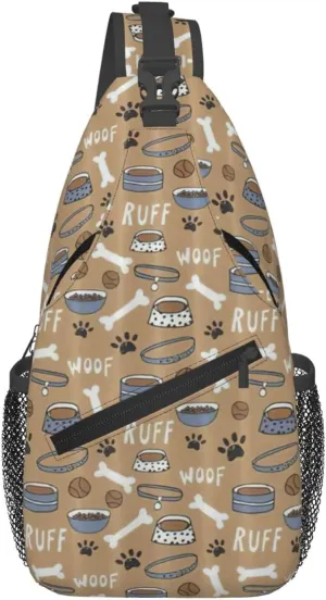 Cute Dog Bone Bowl Woof Paw Print Sling Bag Crossbody Shoulder Backpack Chest Pack for Hiking Travel Climbing