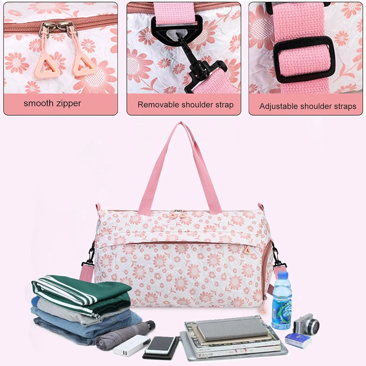 Cute Floral Duffle Bag for Travel,Gym Bag for for Girl/Women,Waterproof Overnight Bag Dance Bag with Shoes Compartment & Wet Pocket,Flower Sports Duffel Bag Weekender Bags (Purple)