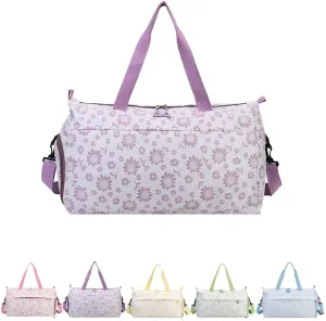 Cute Floral Duffle Bag for Travel,Gym Bag for for Girl/Women,Waterproof Overnight Bag Dance Bag with Shoes Compartment & Wet Pocket,Flower Sports Duffel Bag Weekender Bags (Purple)