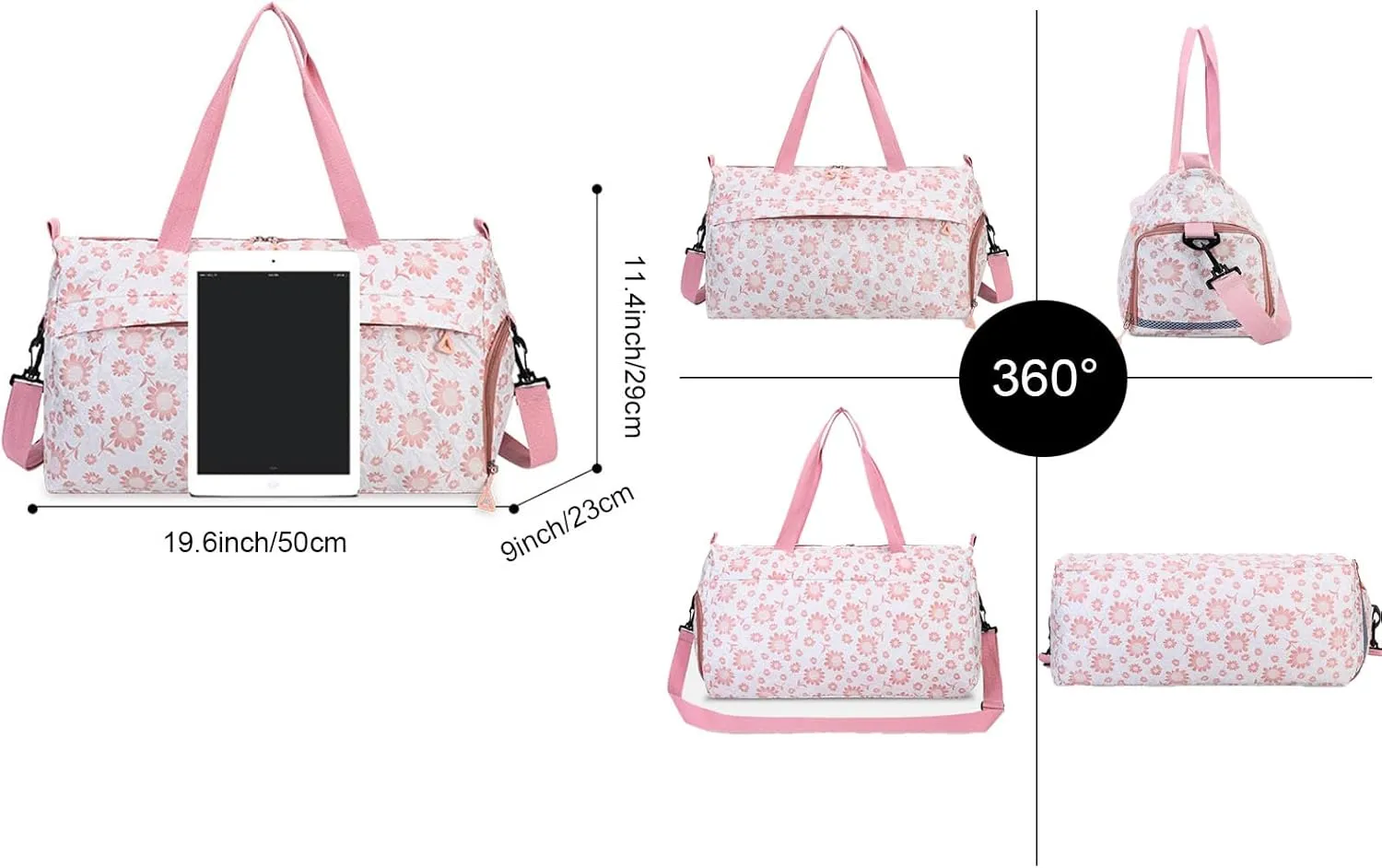 Cute Floral Duffle Bag for Travel,Gym Bag for for Girl/Women,Waterproof Overnight Bag Dance Bag with Shoes Compartment & Wet Pocket,Flower Sports Duffel Bag Weekender Bags (Purple)