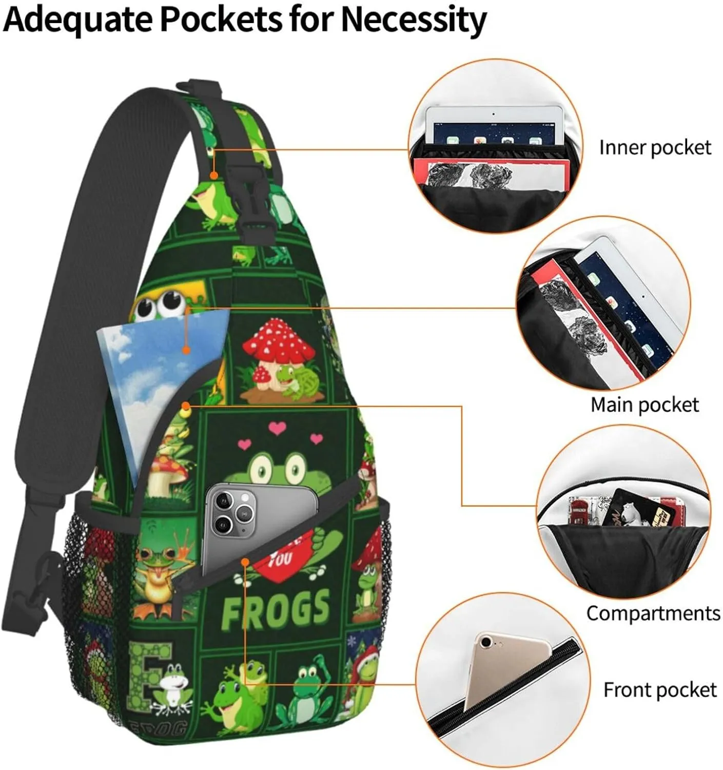 Cute Frog Sling Bag - Animal Print Crossbody Shoulder Bag, Casual Sling Backpack for Women, Men, Travel, Hiking, Cycling