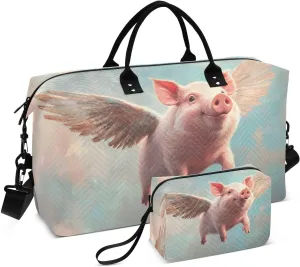 Cute Pig Fly Large Travel Duffel Bag, Sports Tote Gym Bag, Shoulder Weekender Overnight Bag for Women Men, Carry On Luggage with Toiletry Bags