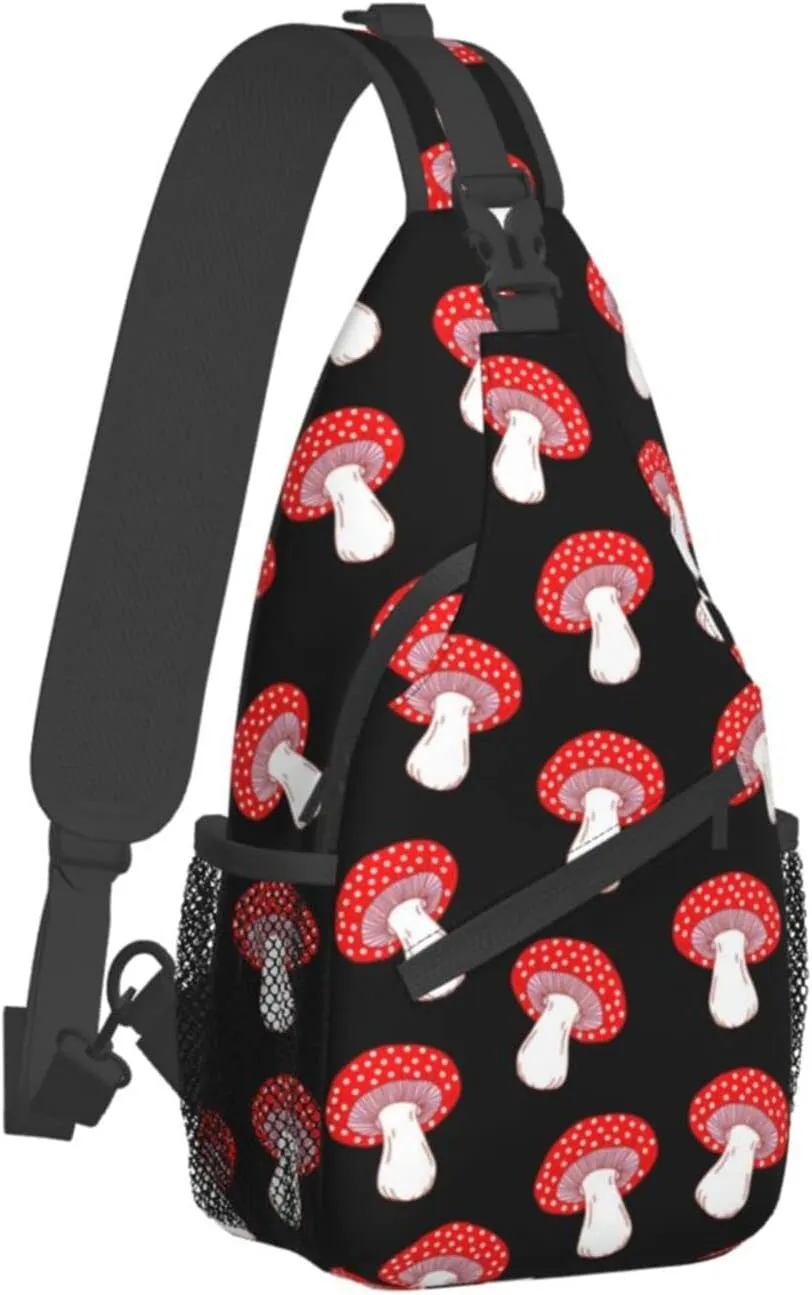 Cute Red Amanita Mushrooms Black Sling Bag for Women Men's Crossbody Backpack Hiking Travel Daypack Chest Shoulder Bag with Adjustable Strap