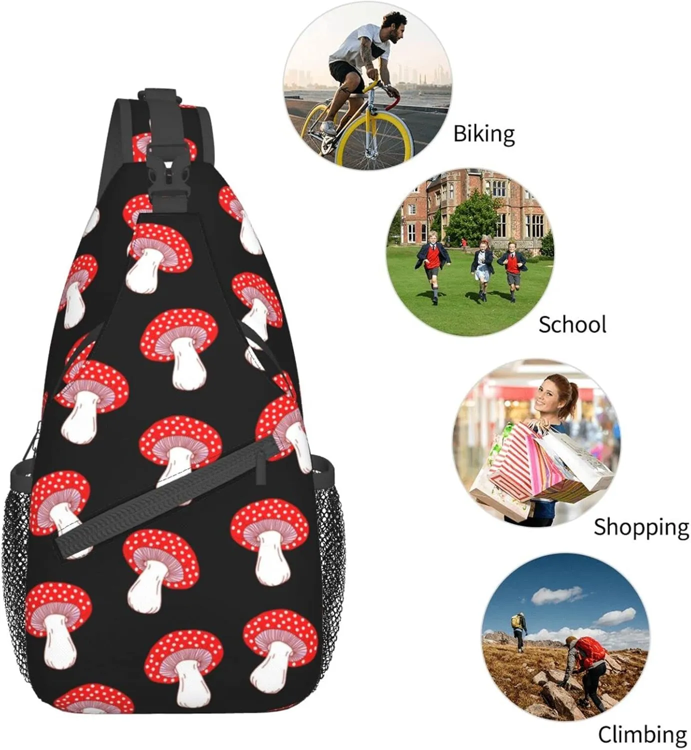 Cute Red Amanita Mushrooms Black Sling Bag for Women Men's Crossbody Backpack Hiking Travel Daypack Chest Shoulder Bag with Adjustable Strap
