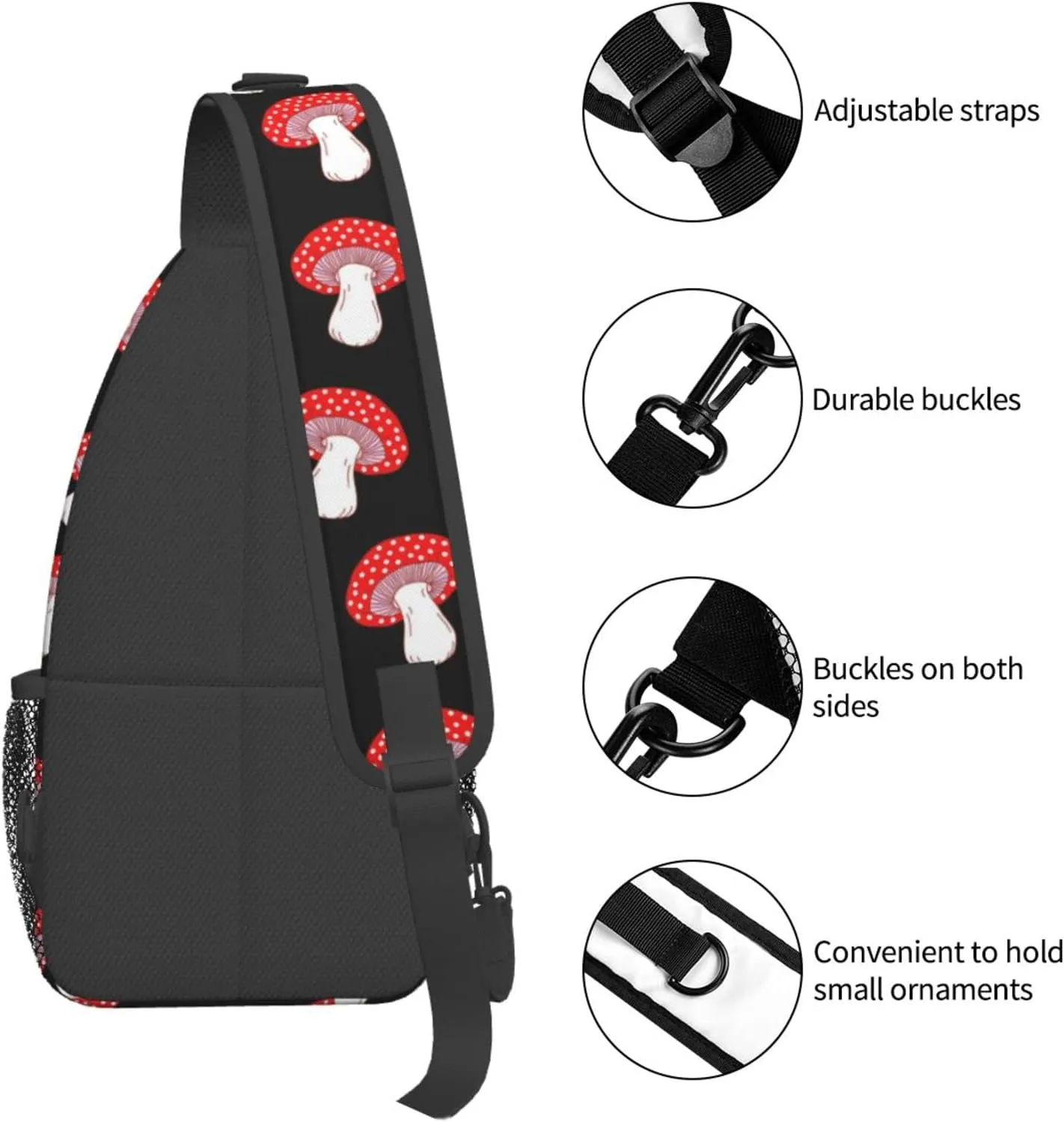 Cute Red Amanita Mushrooms Black Sling Bag for Women Men's Crossbody Backpack Hiking Travel Daypack Chest Shoulder Bag with Adjustable Strap