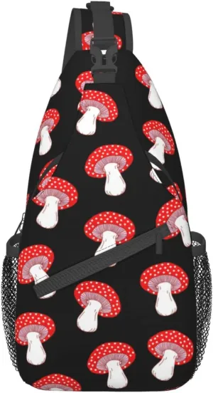 Cute Red Amanita Mushrooms Black Sling Bag for Women Men's Crossbody Backpack Hiking Travel Daypack Chest Shoulder Bag with Adjustable Strap