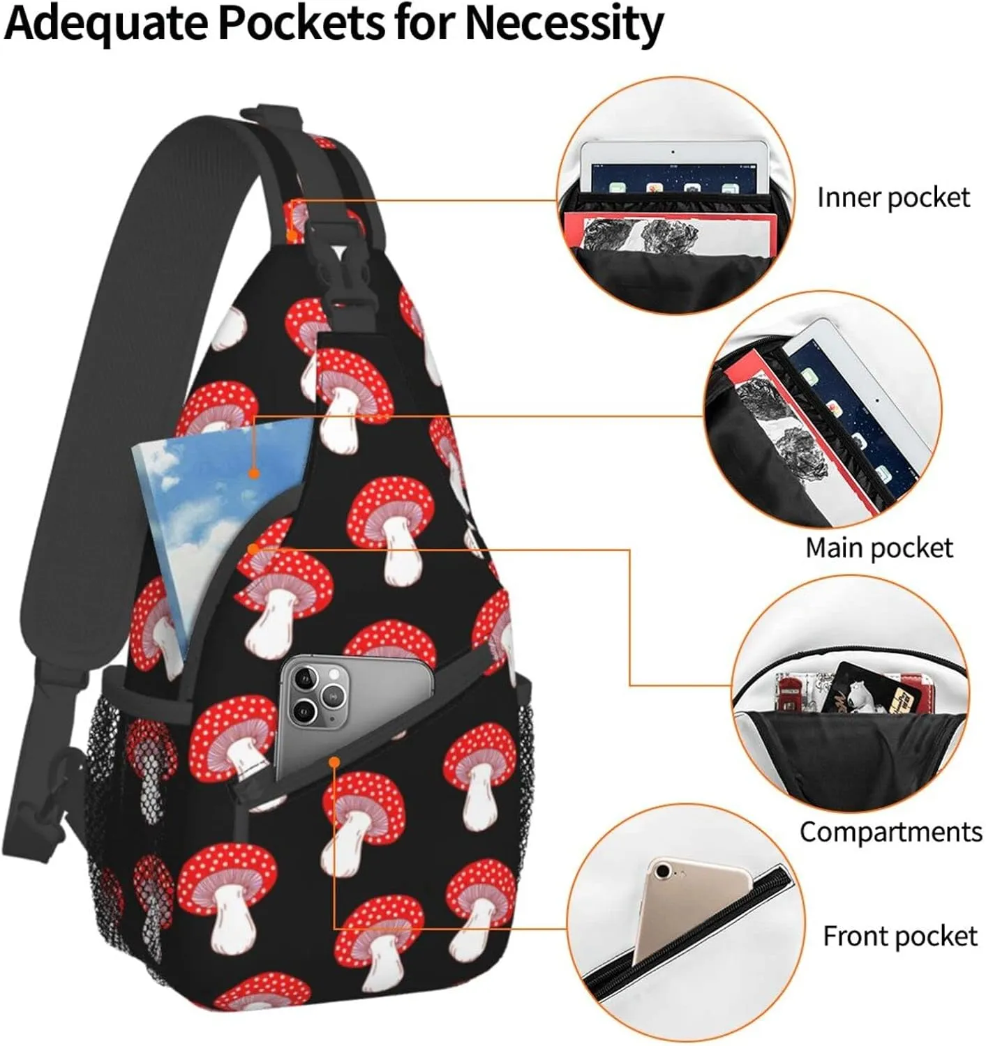 Cute Red Amanita Mushrooms Black Sling Bag for Women Men's Crossbody Backpack Hiking Travel Daypack Chest Shoulder Bag with Adjustable Strap