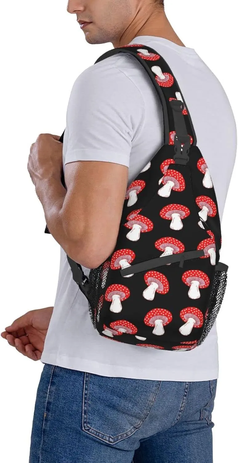 Cute Red Amanita Mushrooms Black Sling Bag for Women Men's Crossbody Backpack Hiking Travel Daypack Chest Shoulder Bag with Adjustable Strap