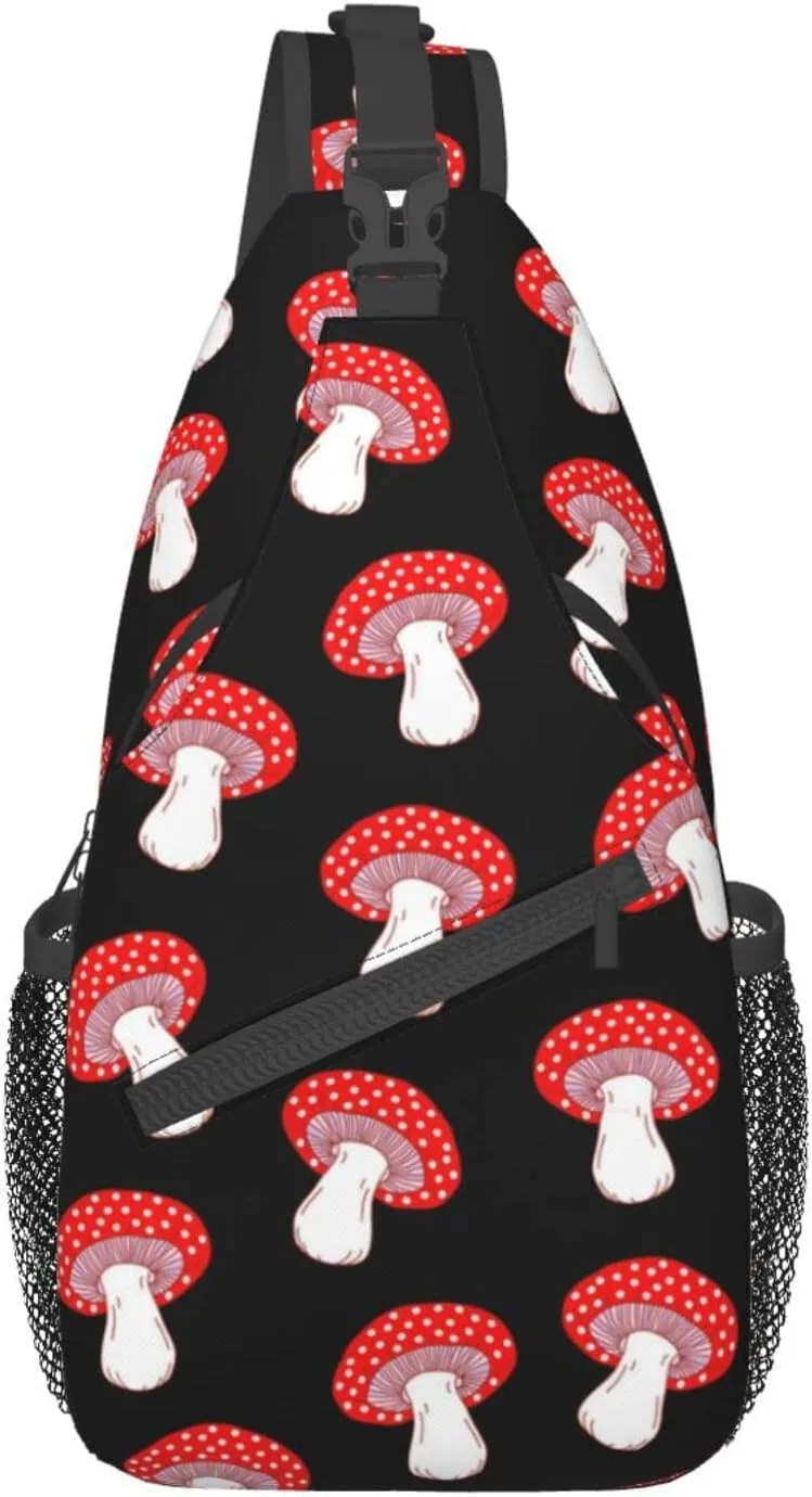 Cute Red Amanita Mushrooms Black Sling Bag for Women Men's Crossbody Backpack Hiking Travel Daypack Chest Shoulder Bag with Adjustable Strap