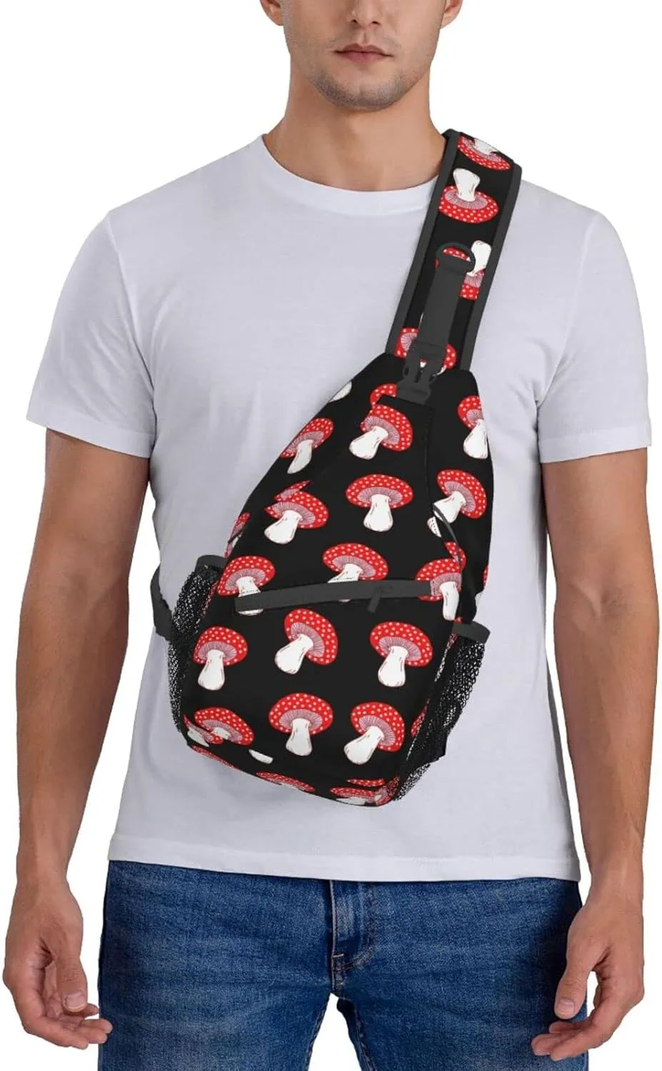 Cute Red Amanita Mushrooms Black Sling Bag for Women Men's Crossbody Backpack Hiking Travel Daypack Chest Shoulder Bag with Adjustable Strap