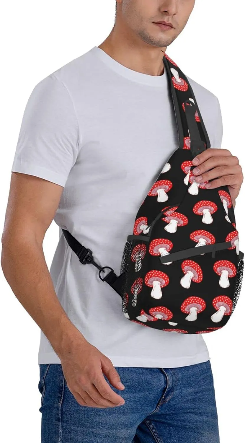 Cute Red Amanita Mushrooms Black Sling Bag for Women Men's Crossbody Backpack Hiking Travel Daypack Chest Shoulder Bag with Adjustable Strap