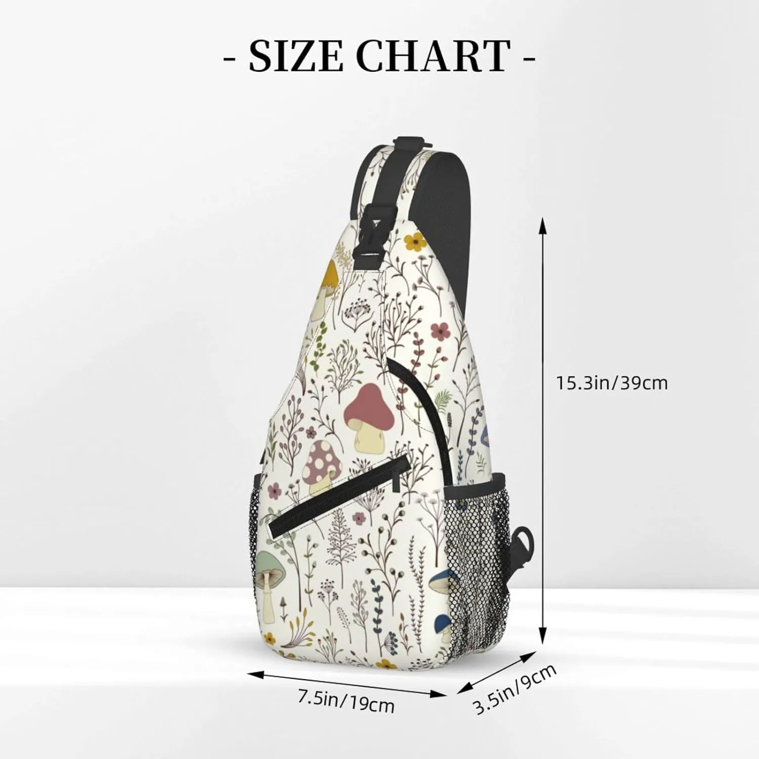 Cute Wild Plant Sling Bag Colorful Wildflowers Mushrooms and Cute Fungus on White Background Crossbody Backpack Botanical Design Chest Shoulder Bag Casual Gym Sports Travel Hiking Daypack