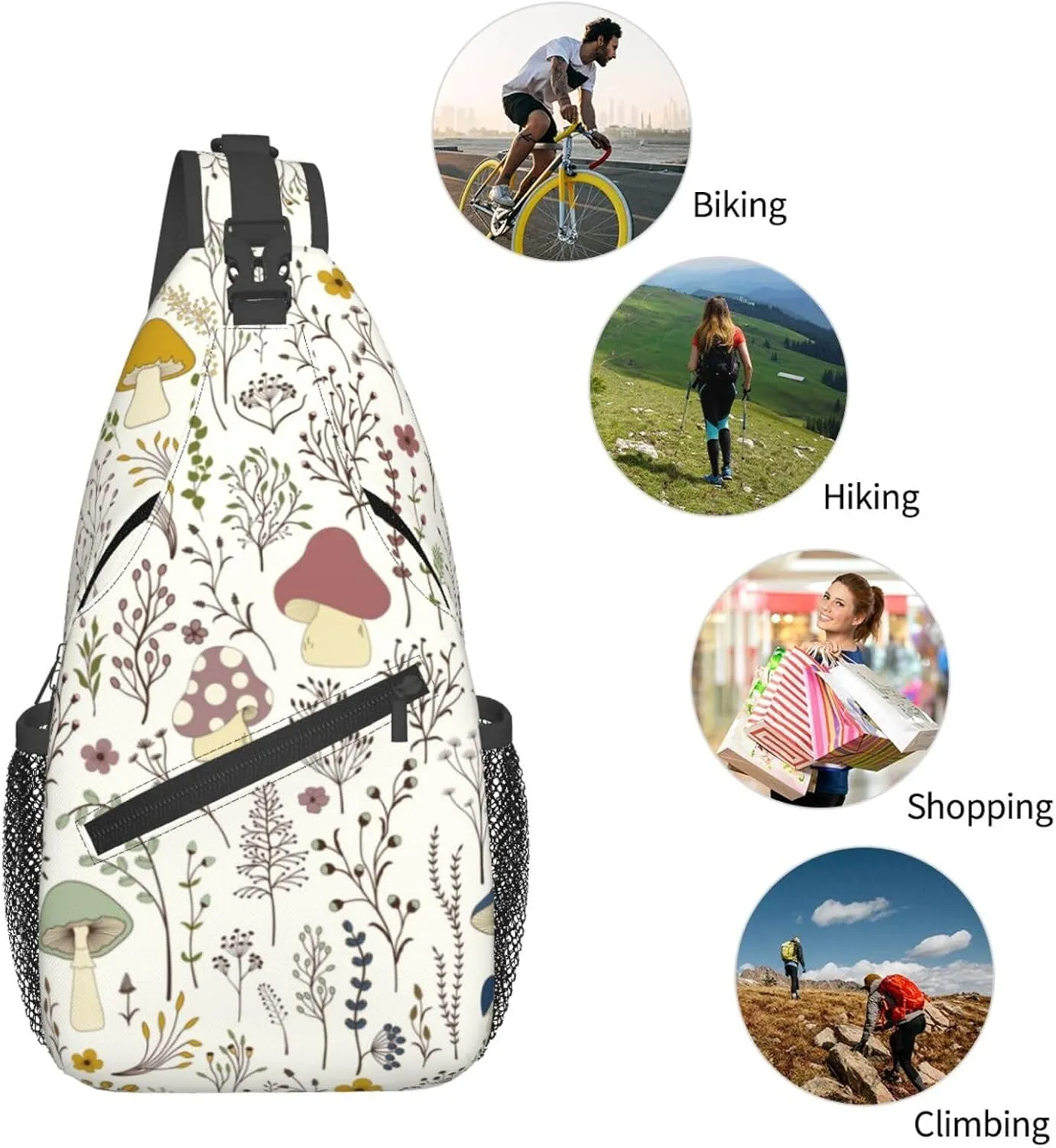 Cute Wild Plant Sling Bag Colorful Wildflowers Mushrooms and Cute Fungus on White Background Crossbody Backpack Botanical Design Chest Shoulder Bag Casual Gym Sports Travel Hiking Daypack