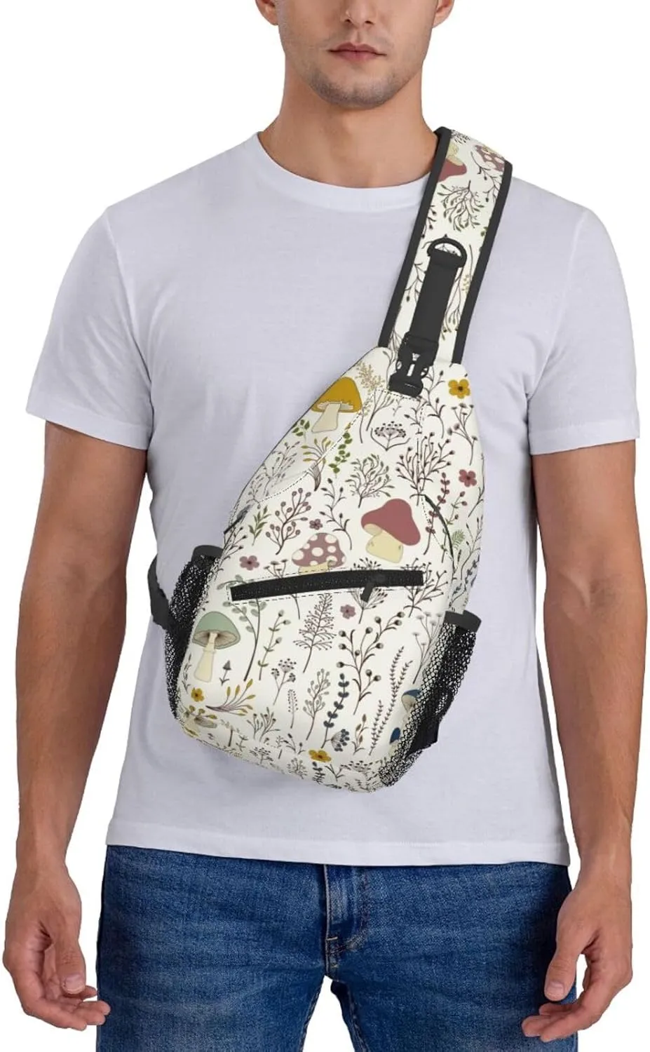 Cute Wild Plant Sling Bag Colorful Wildflowers Mushrooms and Cute Fungus on White Background Crossbody Backpack Botanical Design Chest Shoulder Bag Casual Gym Sports Travel Hiking Daypack