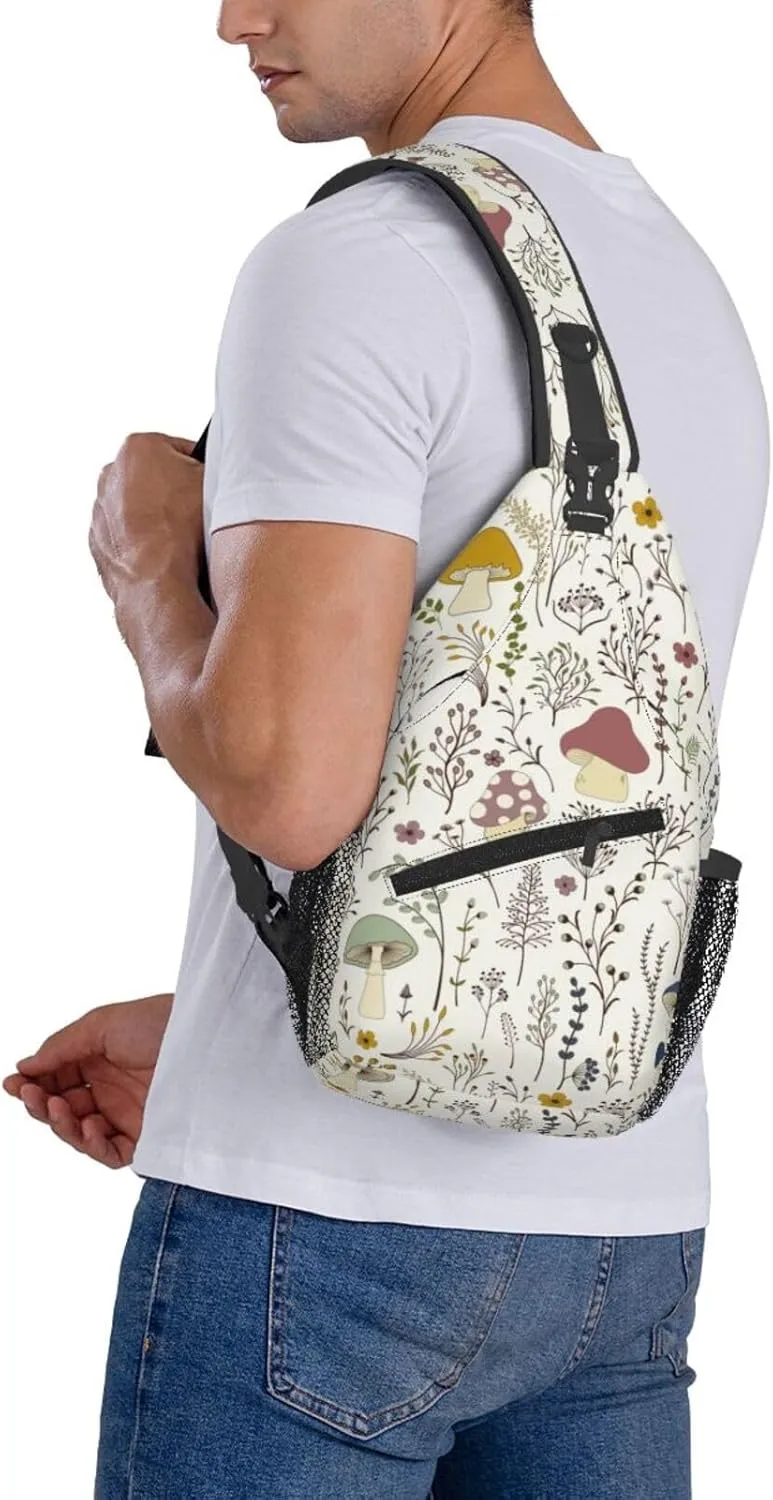 Cute Wild Plant Sling Bag Colorful Wildflowers Mushrooms and Cute Fungus on White Background Crossbody Backpack Botanical Design Chest Shoulder Bag Casual Gym Sports Travel Hiking Daypack