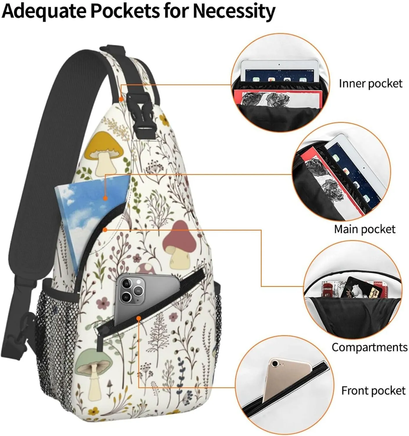 Cute Wild Plant Sling Bag Colorful Wildflowers Mushrooms and Cute Fungus on White Background Crossbody Backpack Botanical Design Chest Shoulder Bag Casual Gym Sports Travel Hiking Daypack