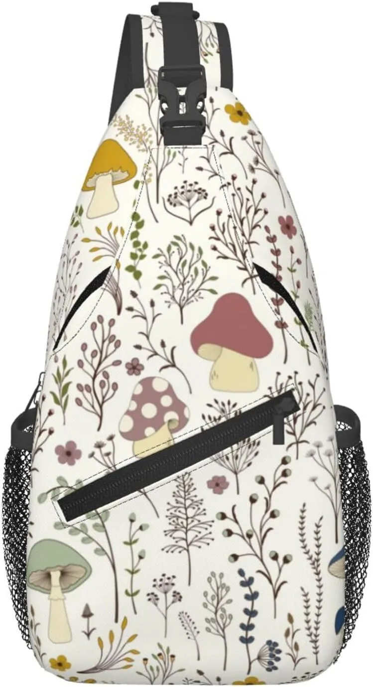 Cute Wild Plant Sling Bag Colorful Wildflowers Mushrooms and Cute Fungus on White Background Crossbody Backpack Botanical Design Chest Shoulder Bag Casual Gym Sports Travel Hiking Daypack