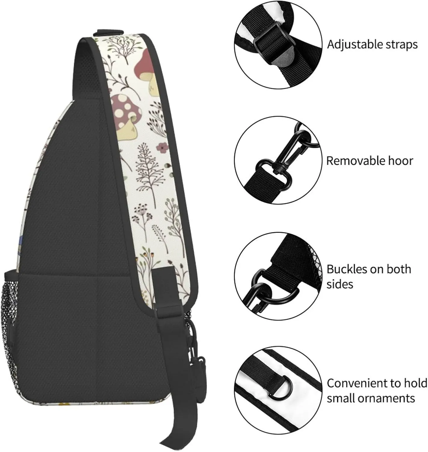 Cute Wild Plant Sling Bag Colorful Wildflowers Mushrooms and Cute Fungus on White Background Crossbody Backpack Botanical Design Chest Shoulder Bag Casual Gym Sports Travel Hiking Daypack