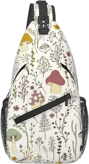 Cute Wild Plant Sling Bag Colorful Wildflowers Mushrooms and Cute Fungus on White Background Crossbody Backpack Botanical Design Chest Shoulder Bag Casual Gym Sports Travel Hiking Daypack