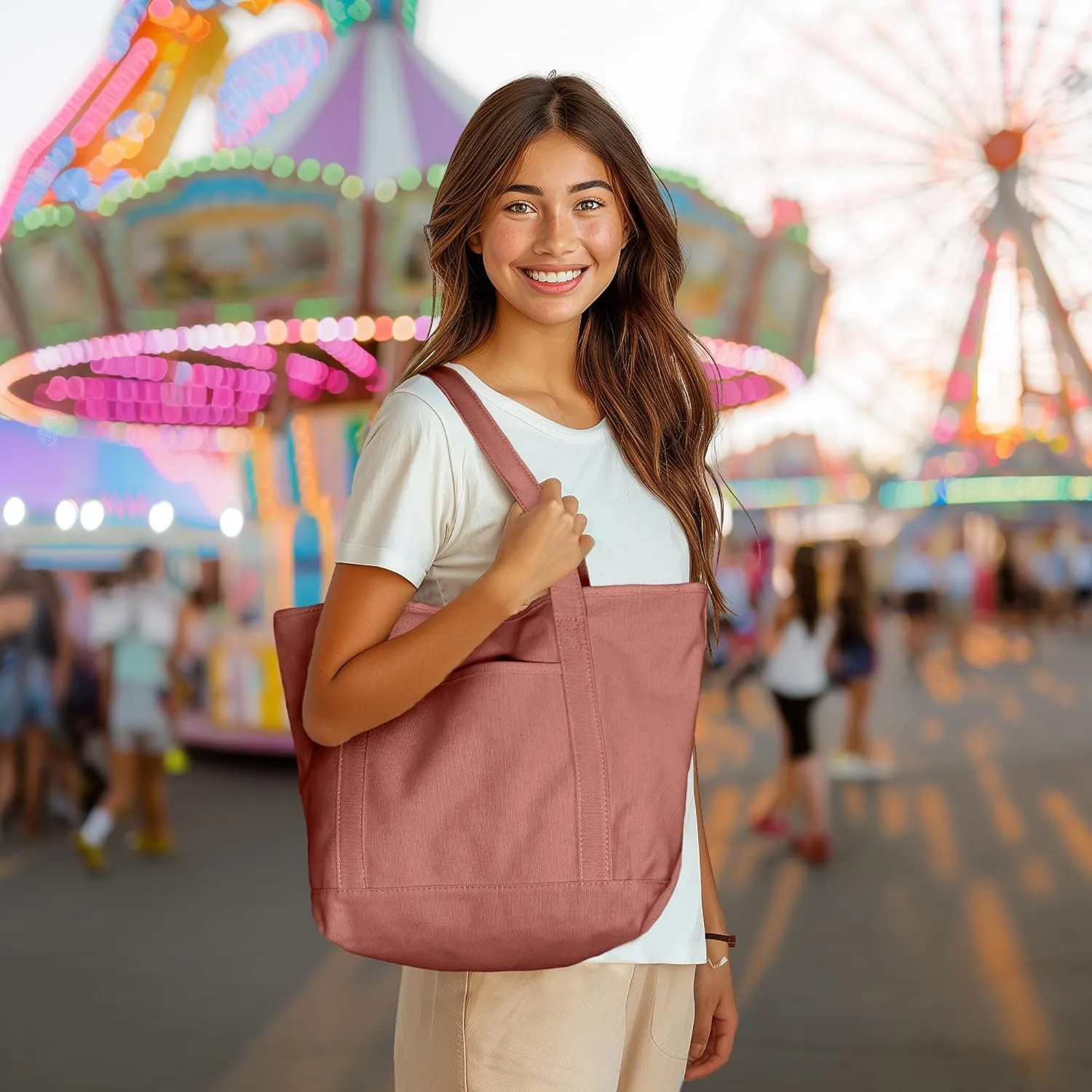 DALIX 20" Solid Color Cotton Canvas Shopping Tote Bag in Dusty Rose