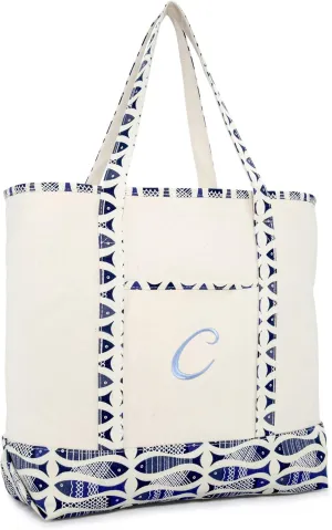 DALIX Personalized Shopping Tote Bag Monogram Initial Zippered Letter A-Z Fish