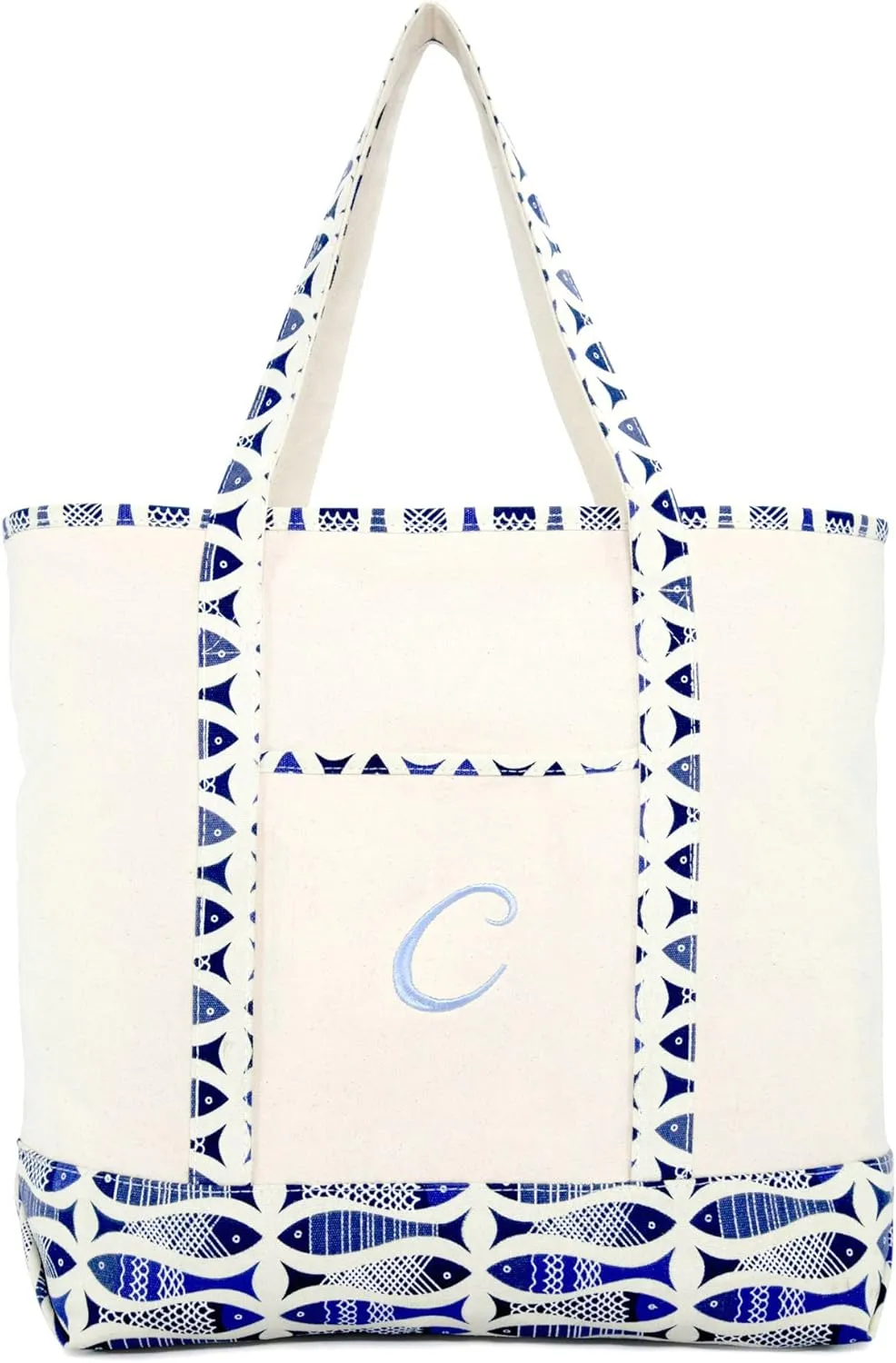 DALIX Personalized Shopping Tote Bag Monogram Initial Zippered Letter A-Z Fish
